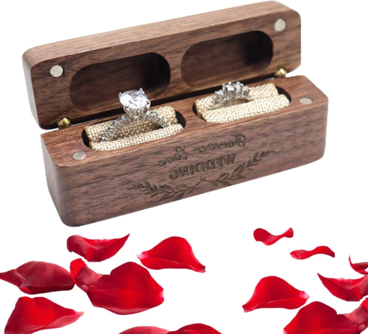 Houten trouwringdoos met gepersonaliseerde gravure voor 2 ringen en opbergtas voor verrassingscadeaus en bruiloften