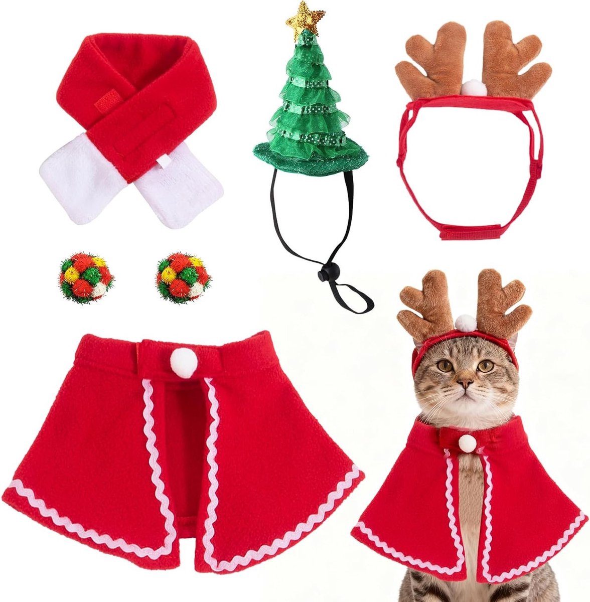 6-delige Kerstkostuum voor Katten met Sjaal en Trui - Perfect voor Kleine Honden en Katten