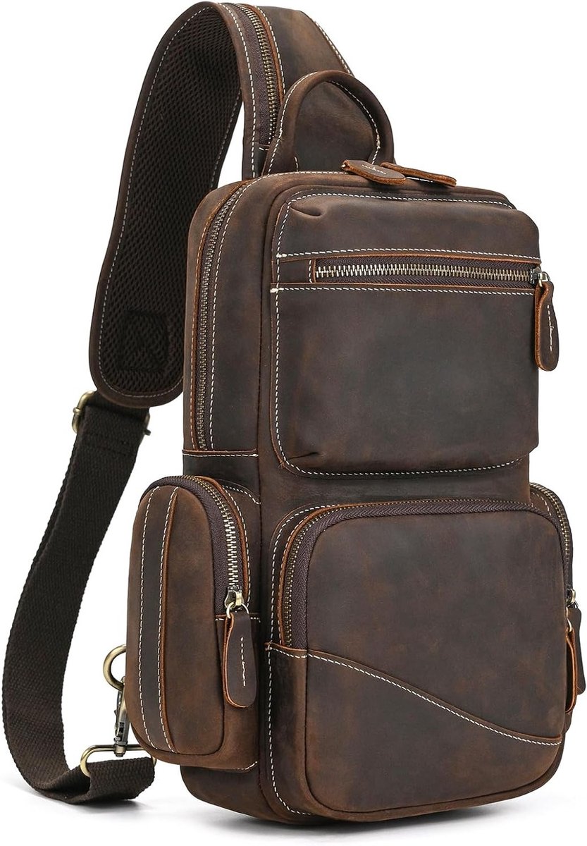 Heren Echt Leren Schoudertas voor iPad tot 9.7 Inch, Ideaal voor Reizen en Werk, Crossbody Rugzak in Donkerbruin
