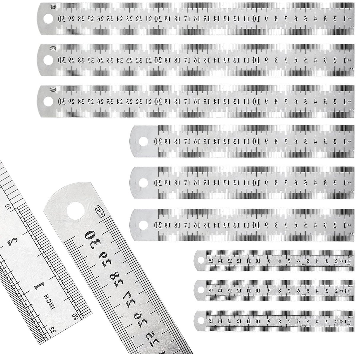 Set van 9 Stalen Linialen 30cm, 20cm en 15cm - Dubbelzijdige Meetlatten voor Precisie en Engineering
