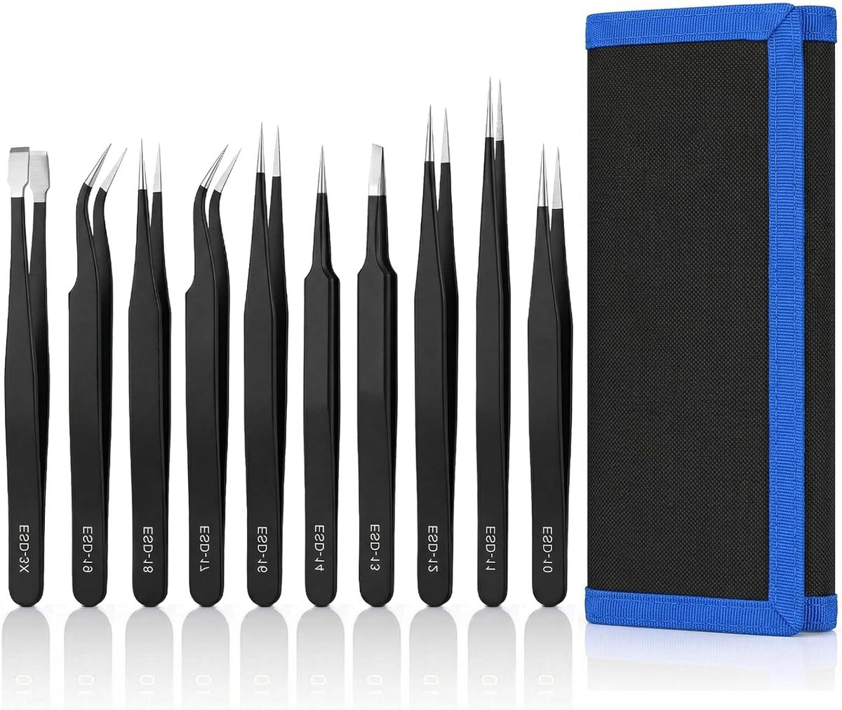 Veelzijdige 9-delige antistatische pincettenset voor elektronica en modelbouw – precisiegereedschap met ergonomische handgrepen, antislip design en ideaal voor solderen en sieraden.