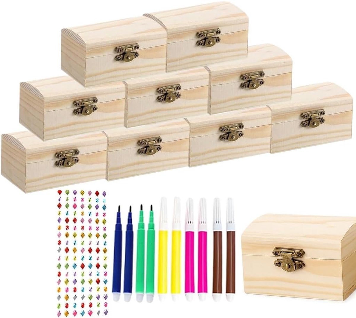 Houten Dozen Set van 10 Stuks - Kleine Schatkisten met Slot voor Sieraden, Knutselprojecten en Organisatie in Huis en Kantoor