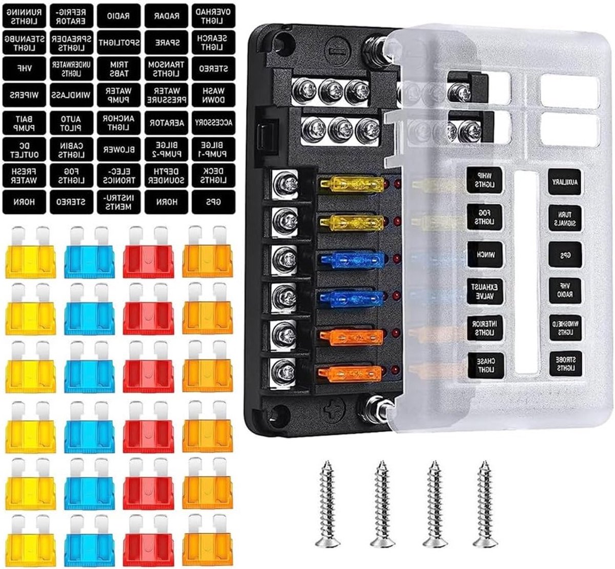 Complete 12-Circuit Zekeringkast Kit met Vochtbestendige Zekeringen en LED Waarschuwingsindicator voor Marine, Auto, Motor en RV - Inclusief 24 Zekeringen en Stickers