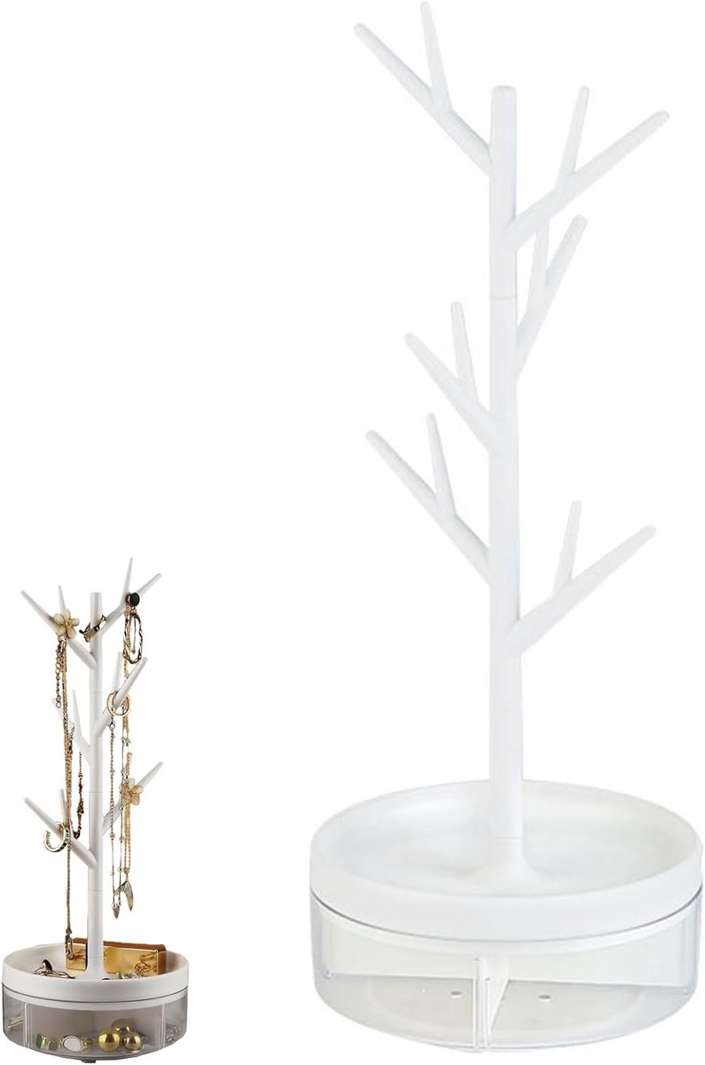 Sieradenstandaard met levensboom ontwerp, hangende organizer voor sieradenopslag en make-uptafel decoratie, ideaal als geschenk voor meisjes en vrouwen (wit)