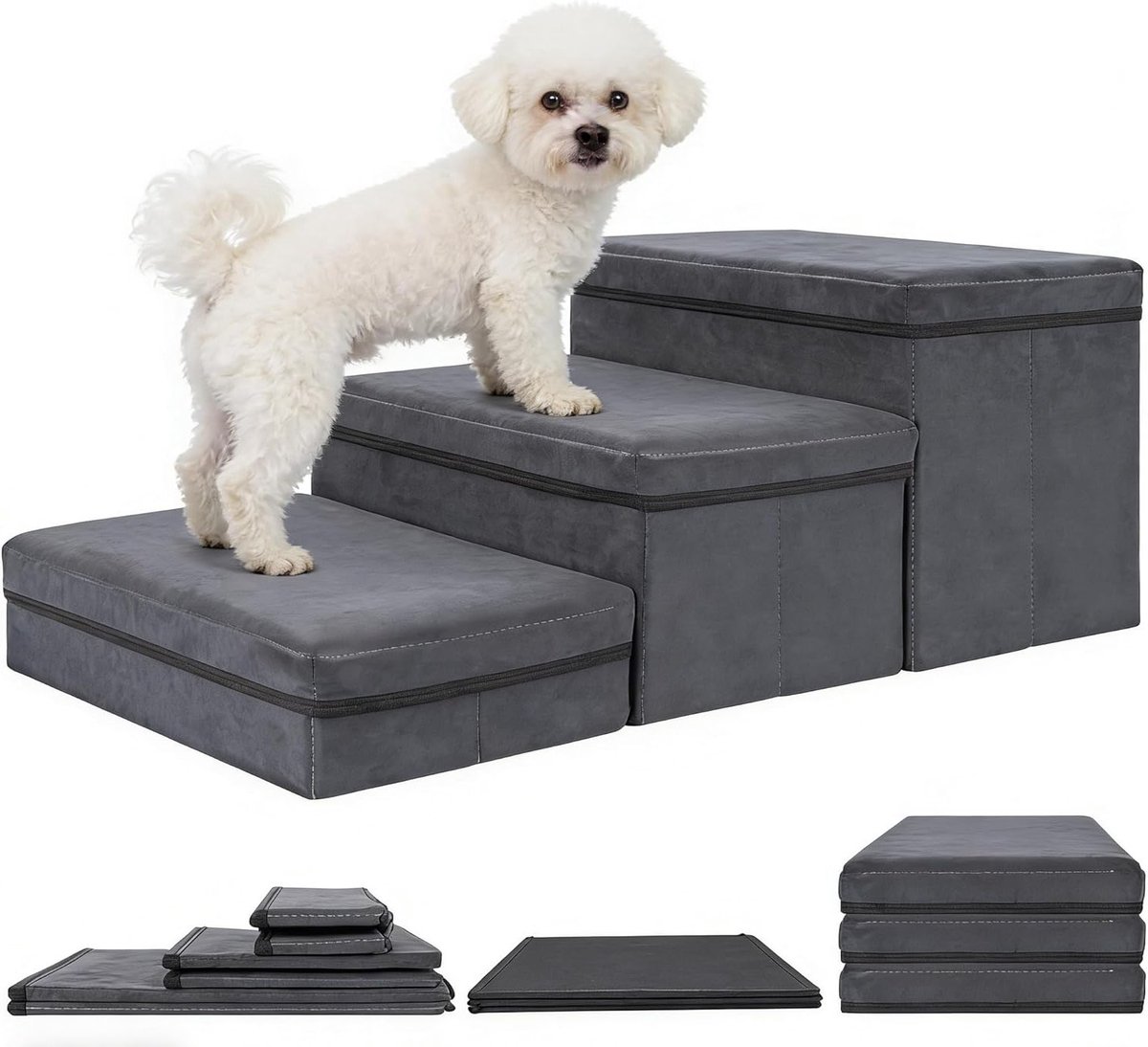 Hondentrap met Opbergruimte, Vouwbaar en Extra Brede 3-in-1 Hondenladder voor Kleine en Grote Honden en Katten, Donkergrijs