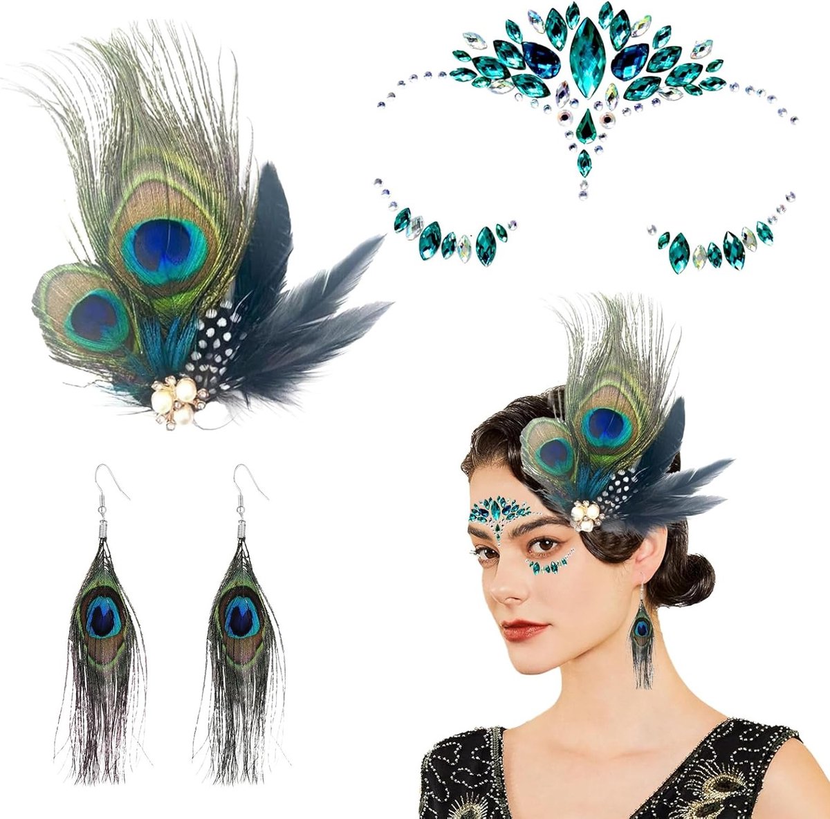 Drie-delige pauwenkostuum voor vrouwen met pauwenveren, haaraccessoires en sieraden voor carnaval en feestelijke evenementen