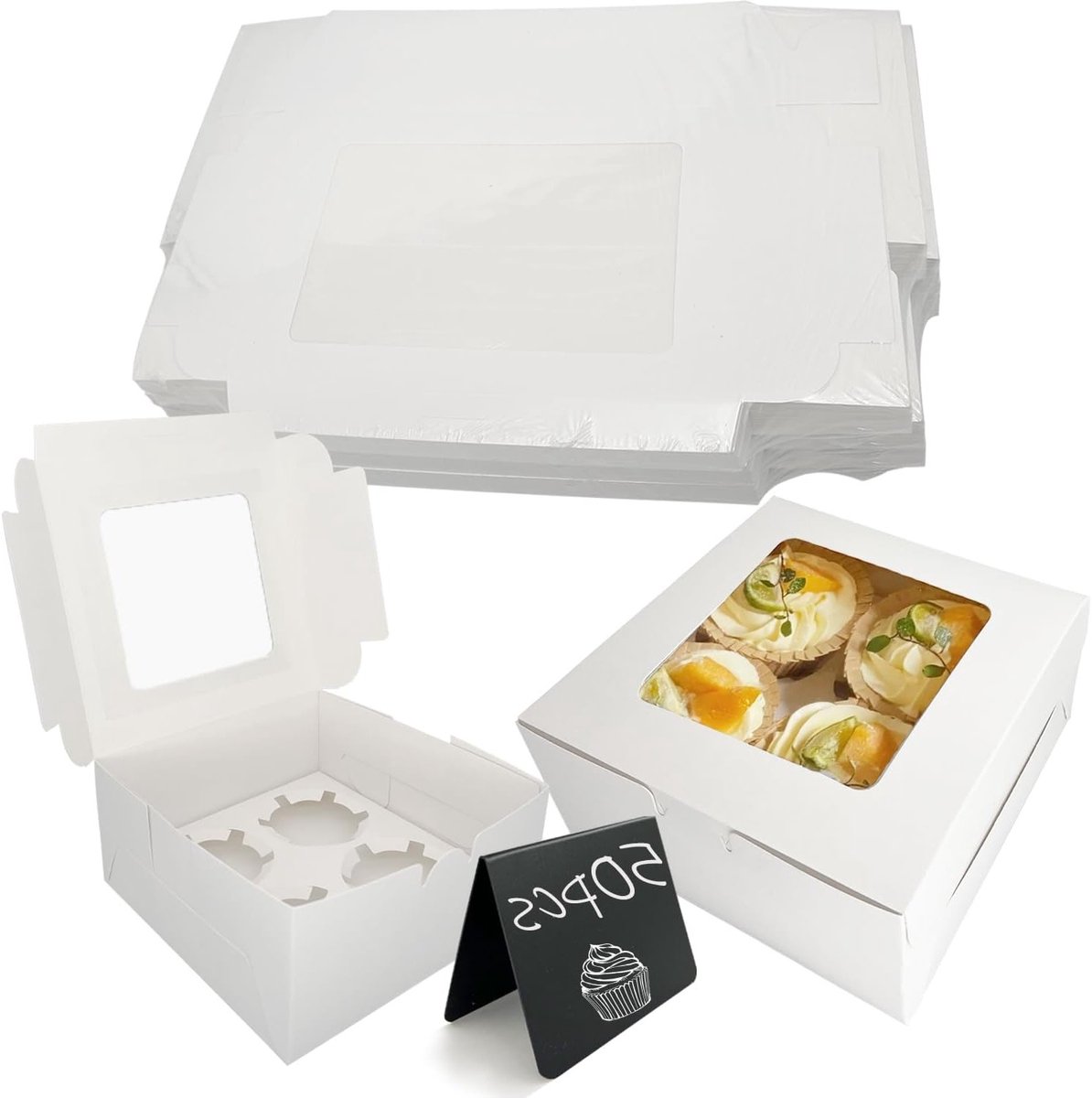 Grote verpakking van 50 cupcake dozen met 4 gaten, ideaal voor het veilig vervoeren van muffins en taarten met een kijkvenster
