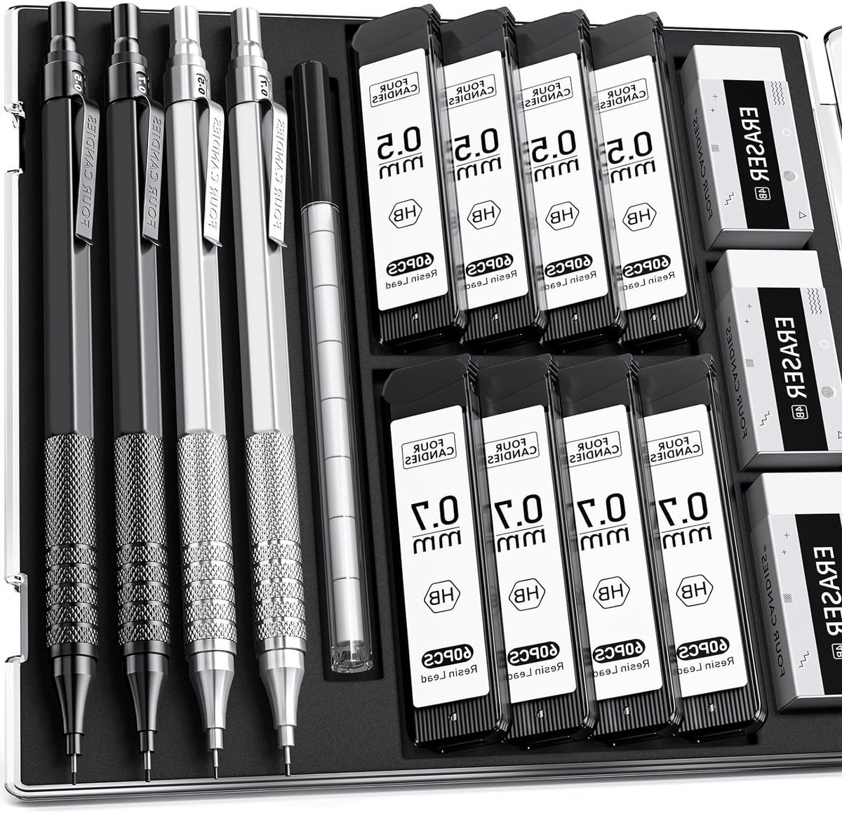 Metalen mechanische potloodset met 4 stuks, 0.5mm en 0.7mm, inclusief 8 buisjes HB-lood, 3 gum en 9 navullingen voor tekenen en schetsen, zwart en zilver