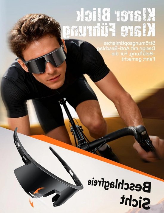 Verstelbare sportzonnebril met UV400 bescherming voor fietsen, hardlopen en e-biken, anti-fog en polariserend glas, zwart van Merkloos — afbeelding 4