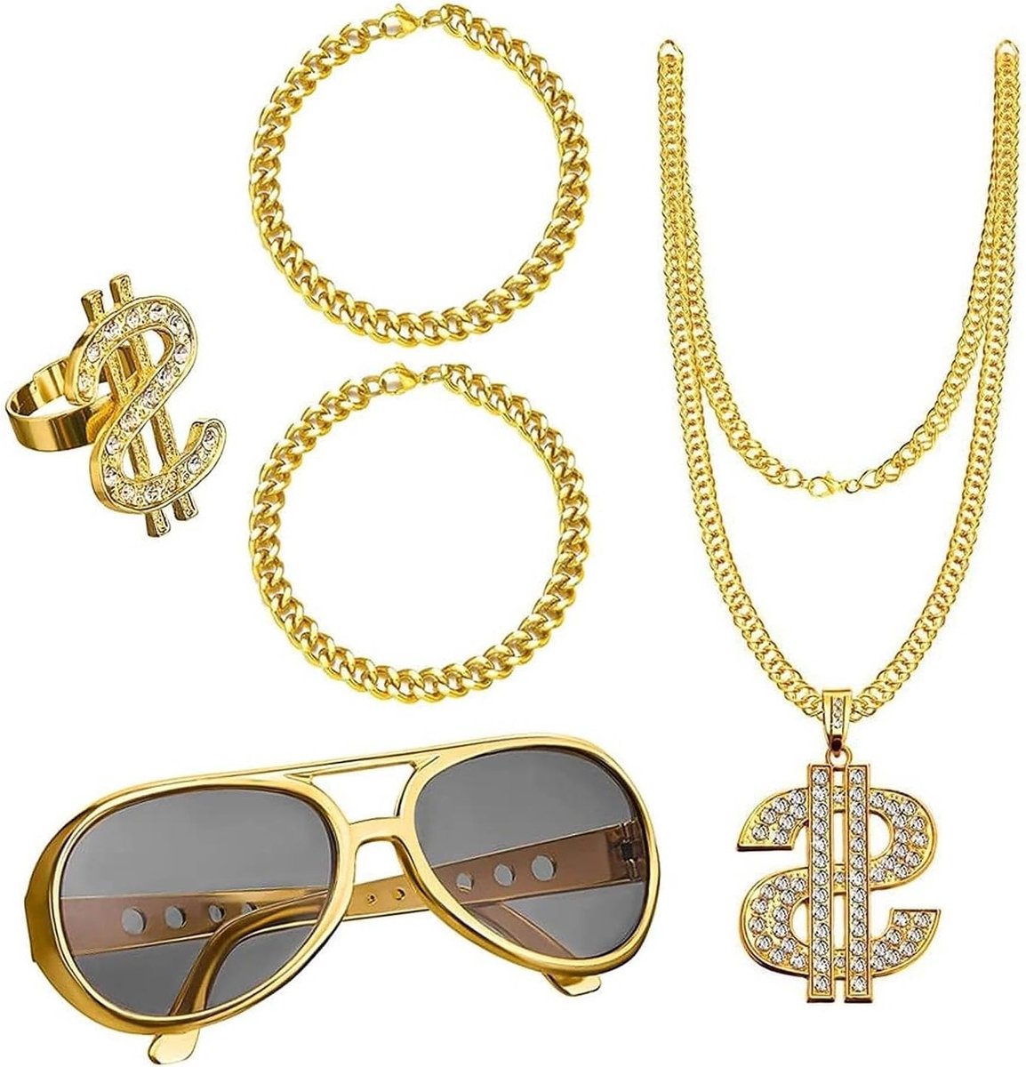 80s Hip Hop Kostuum Set voor Mannen - Gouden Dollar Ketting, Armband, Ring en Zonnebril voor Halloween en Cosplay Feestjes