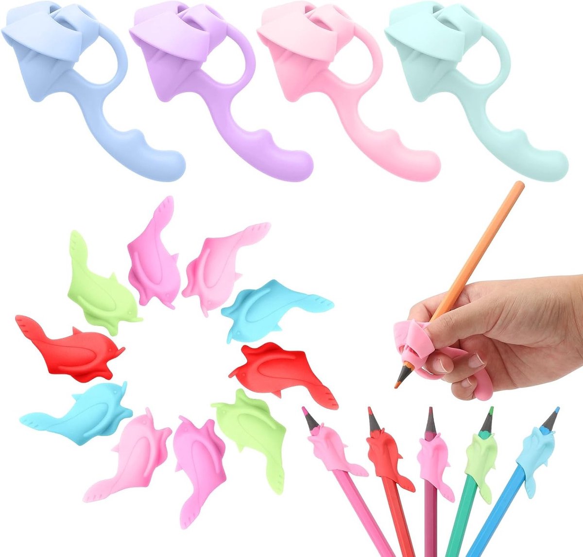 Set van 14 ergonomische schrijfhulpen voor kinderen, penhouders voor links- en rechtshandigen, bevorderlijk voor een goede penhouding en schrijfcomfort