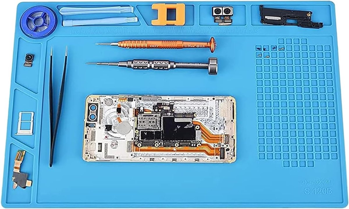 Seb2 - Soldermat - Siliconen reparatie mat - 500 °C - Blauw - Geschikt voor elektronica - 34 x 23 cm