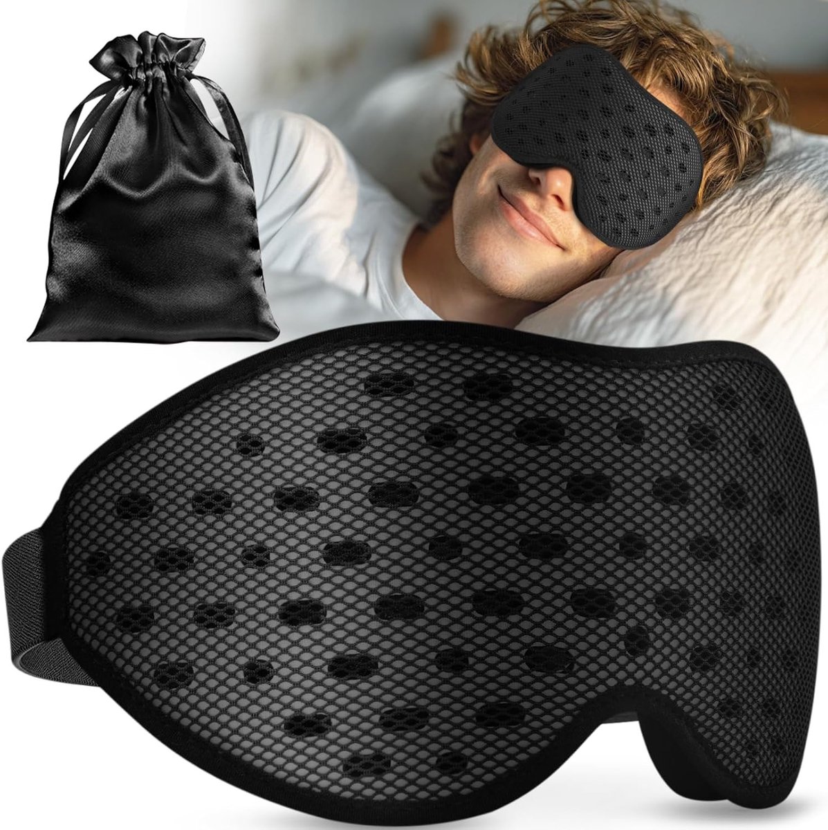 Ademend Slaapmasker 100% Opaque voor Dames en Heren - 3D Ultra Licht en Comfortabel met Opbergtas voor Reizen en Vliegtuiggebruik - Nachtzwart