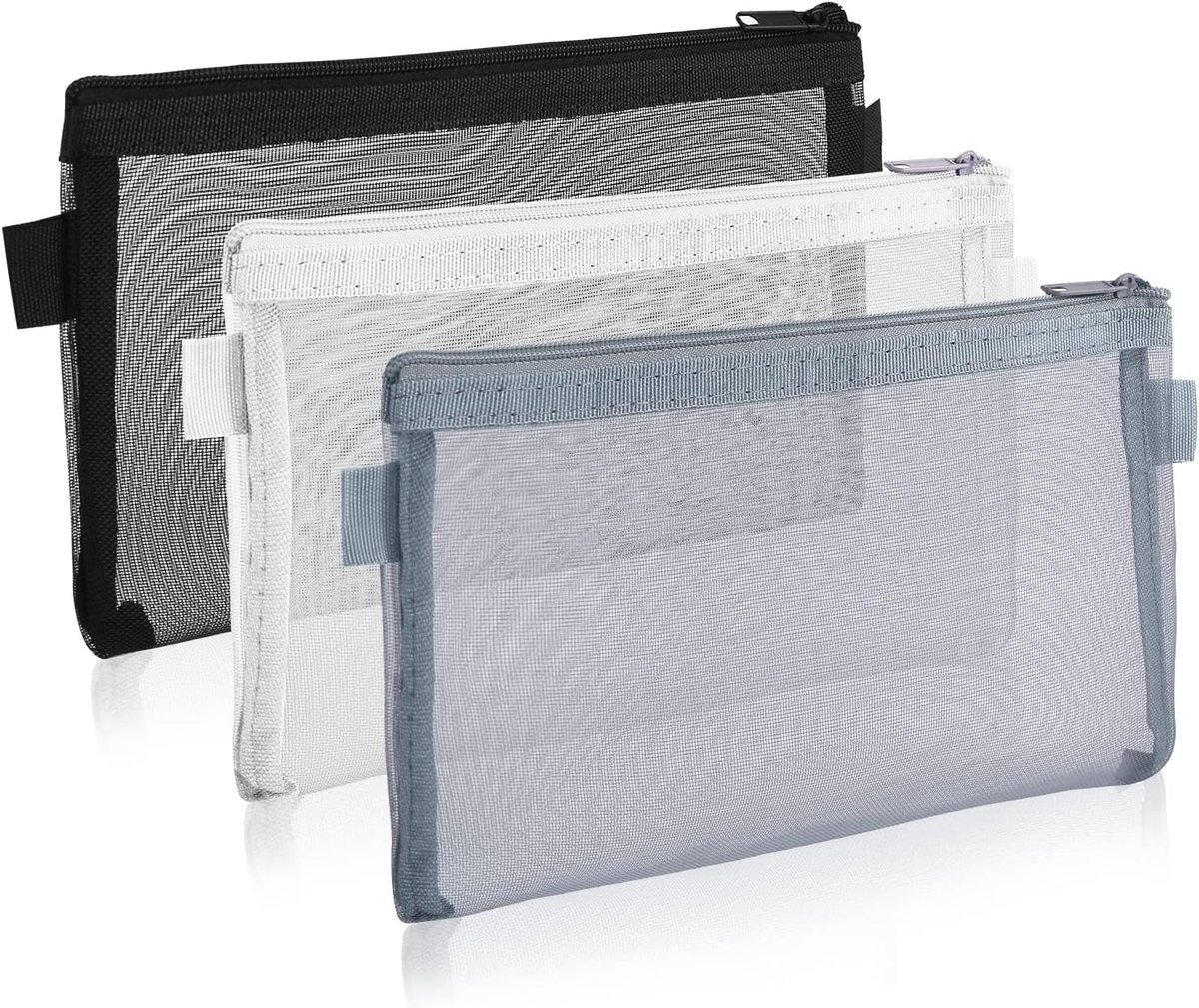 3-delige doorzichtige etui voor pennen en make-up met rits, nylon mesh, ideaal voor school, kantoor en reisaccessoires, zwart, wit, grijs