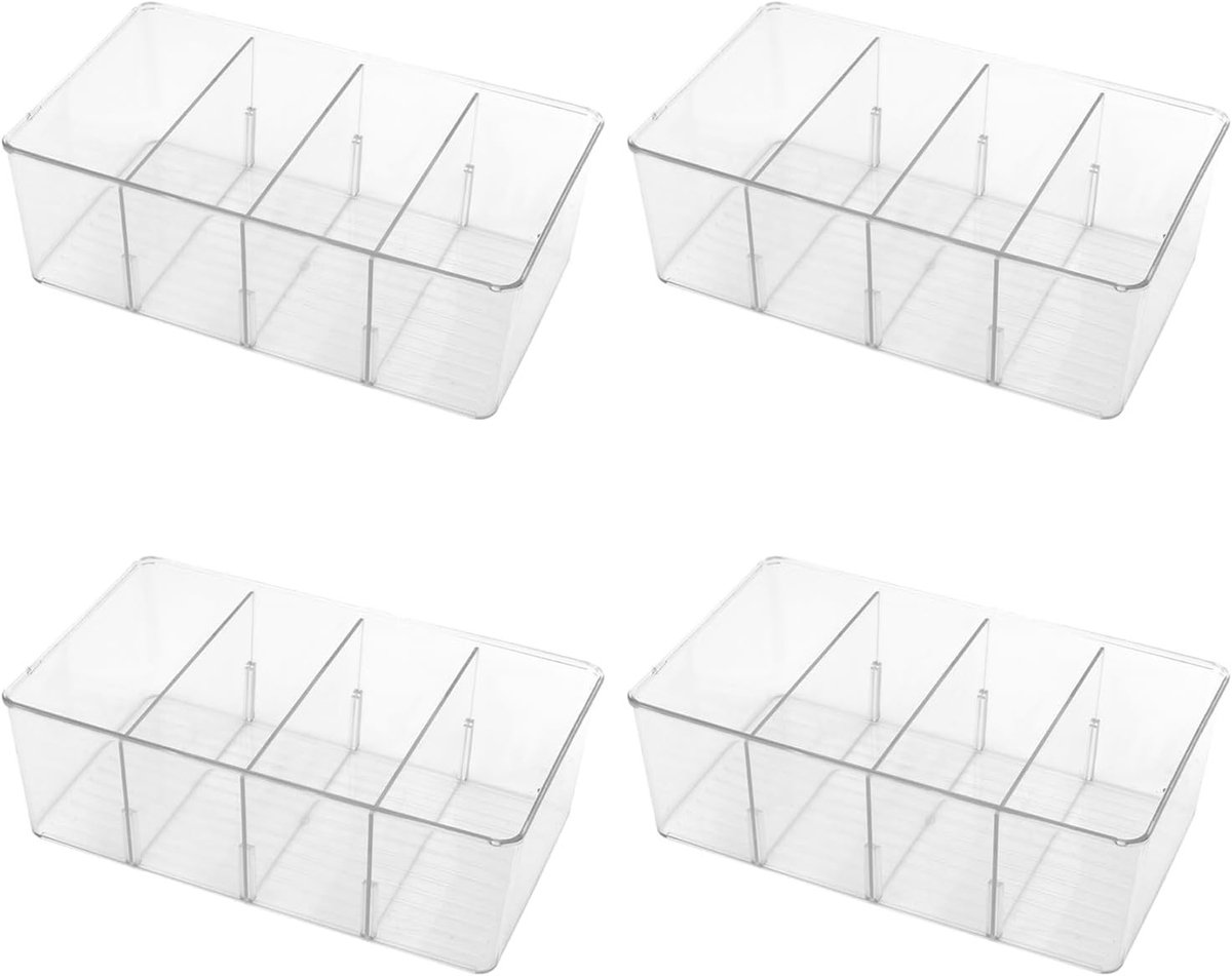 Opbergdozen voor de koelkast - 4 delige set met compartimenten, transparant en veelzijdig voor keuken, vriezer en voorraadkast
