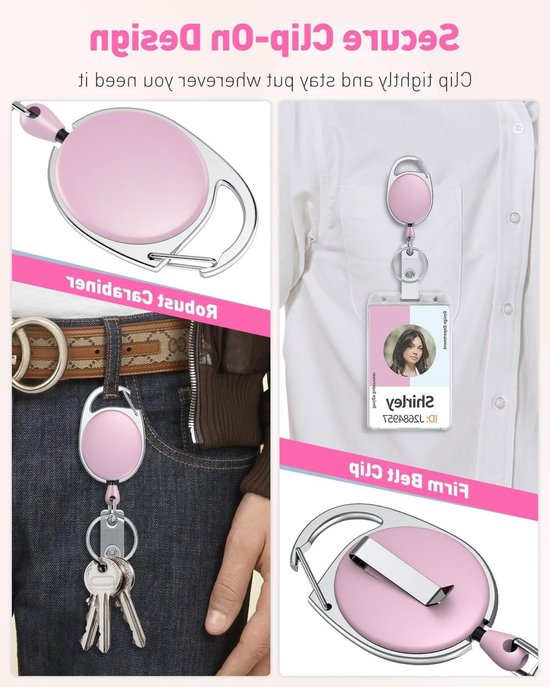 Set van 2 Oprolbare Badge Reel voor Identiteitskaarthouder - Stevige Oprolbare Sleutelhanger met RVS Veer en 24 Inch Nylon Touw, Inclusief Karabijnhaak en Sleutelhanger in Roze van Merkloos — afbeelding 3