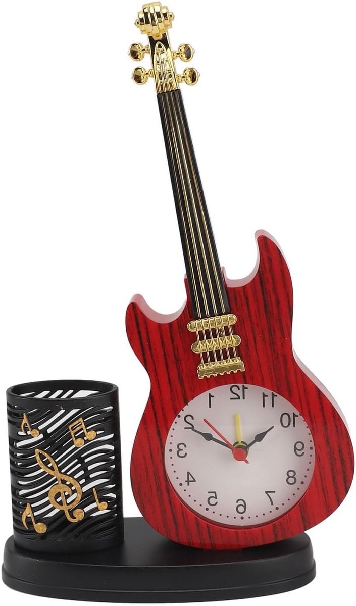 Vintage Gitaarvormige Wandklok met Penhouder en Stabiele Basis - Perfecte Alarmklok voor Kantoor en Slaapkamer, Ideaal als Cadeau voor Muziekliefhebbers