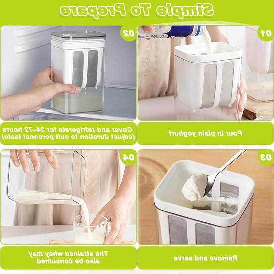 Yoghurtzeef met Deksel en Ultra Dun Net - 1100 ml, Ideaal voor Yoghurtmaker, Scheiden van Wei, Melk en Sappen, Herbruikbaar en Geschikt voor Saus en Dikke Yoghurt — afbeelding 3