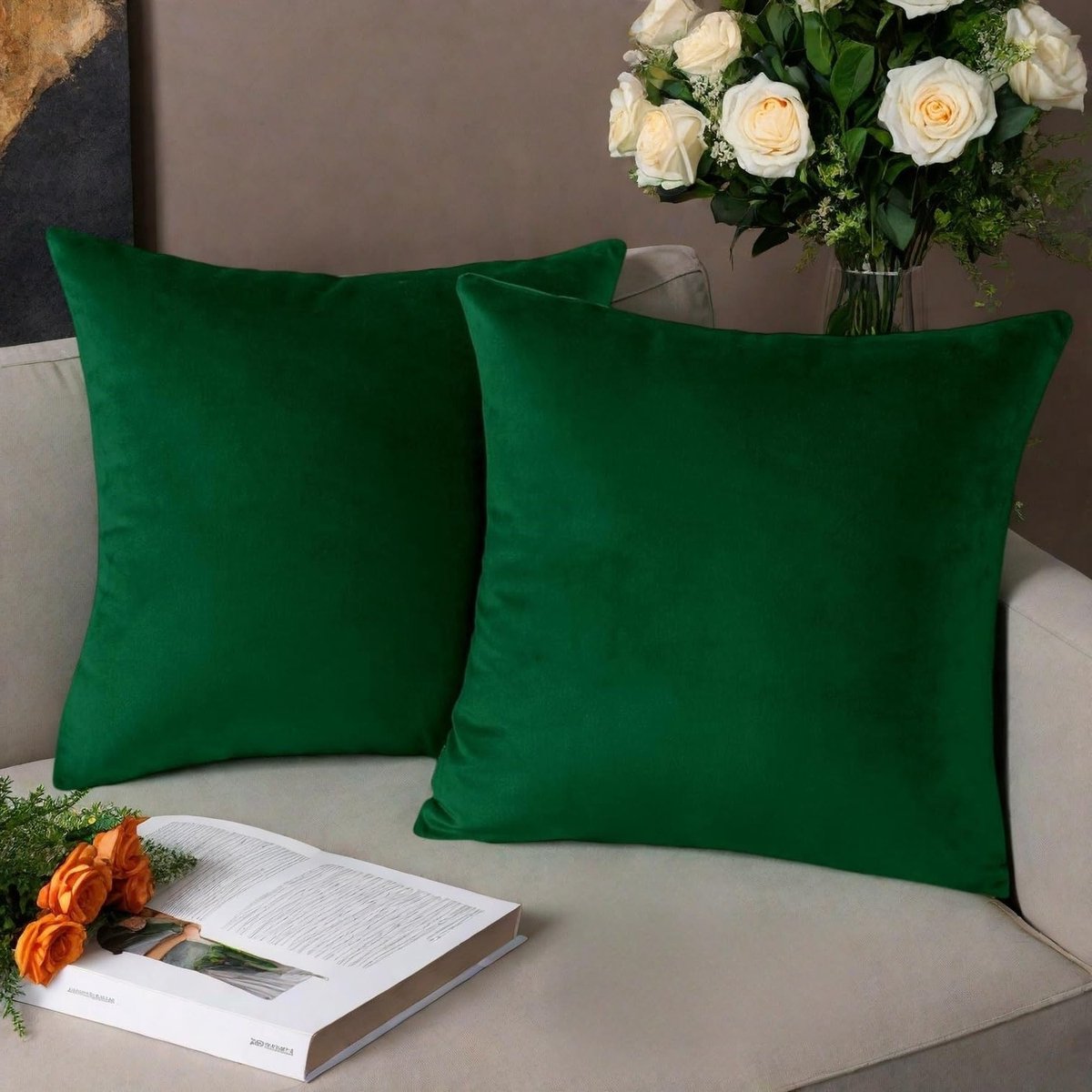 Set van 2 Donkergroene Velvet Kussenhoezen 40x40cm Luxe Vierkante Decoratieve Kussenslopen met Onzichtbare Rits voor Woonkamer en Slaapkamer Decoratie