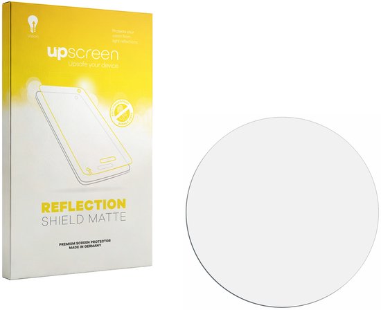 Verpakking en een ronde matte beschermfolie. De verpakking is geel met opdruk 'upscreen REFLECTION SHIELD MATTE'.