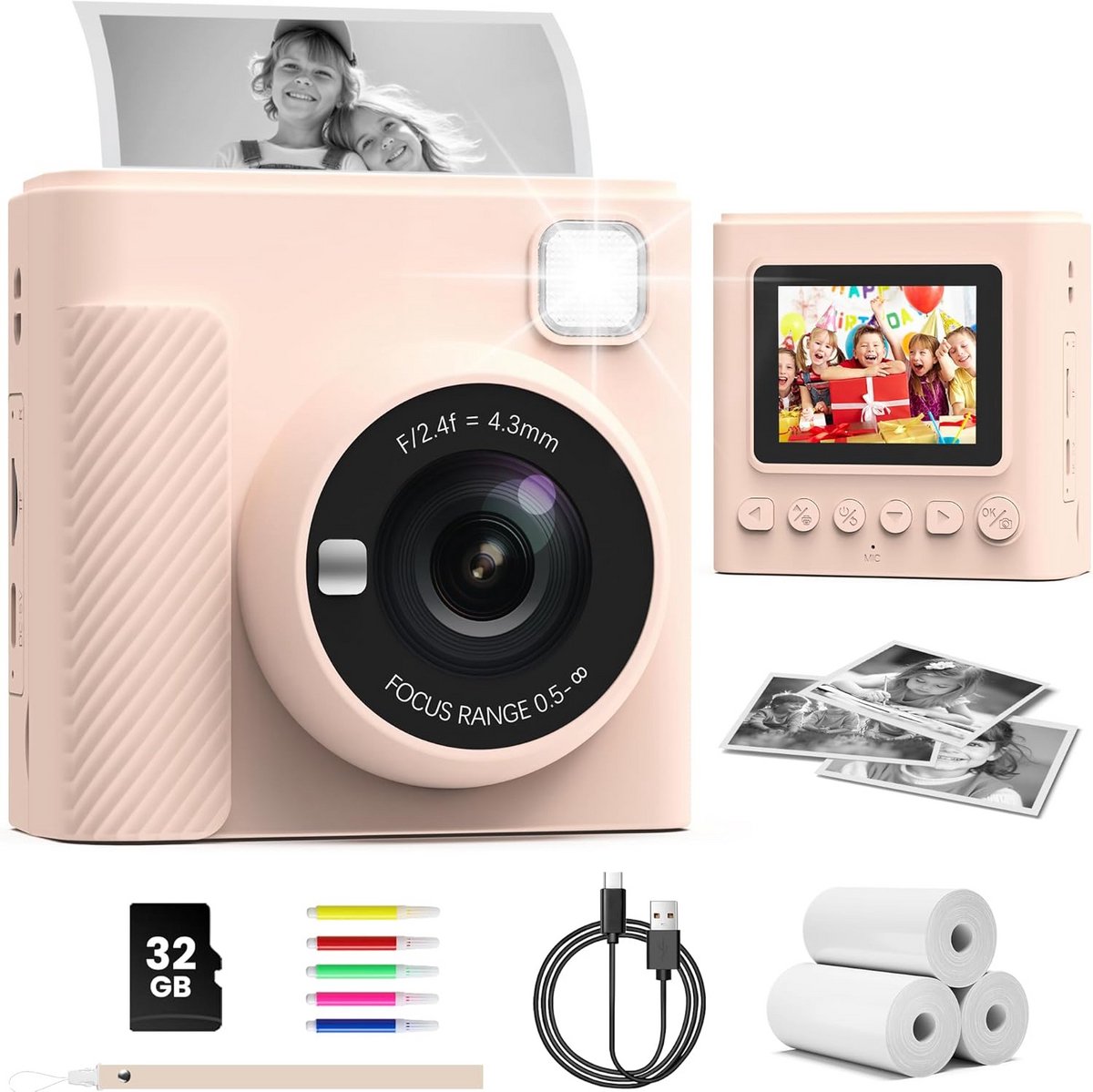 Kindercamera Direct Print - Speelgoed Camera - Foto's Maken - Direct Zwart-Wit Prints - 32GB Kaart - Donkerbruin
