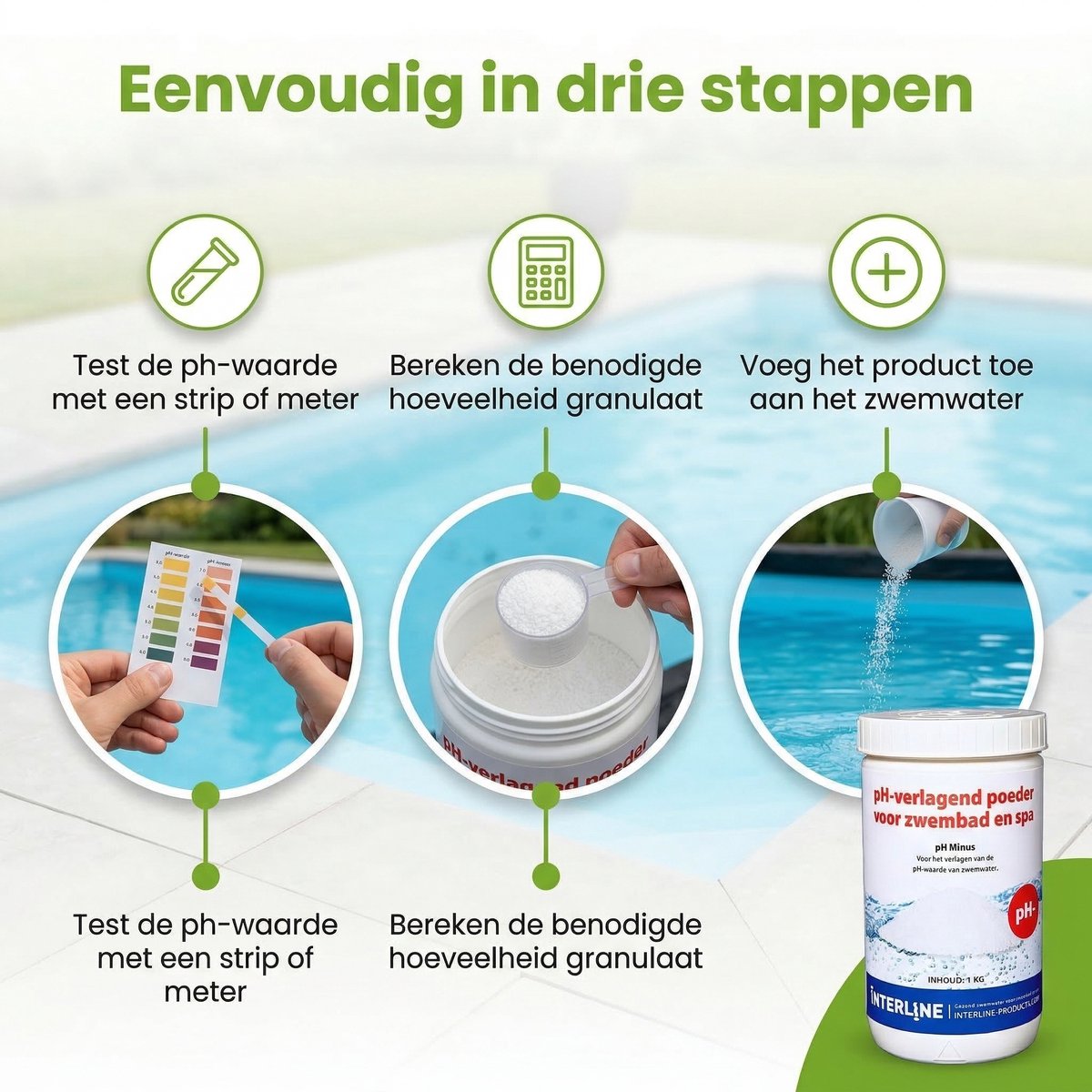 Zwembad Onderhoudspakket - Onderhoud Zwembad - bevat Stofzuiger - Scrubpad - Schepnet - Borstel - Testrips - Chloordrijver - Chloor - PH-min en PH-plus (7-delig) – foto 4