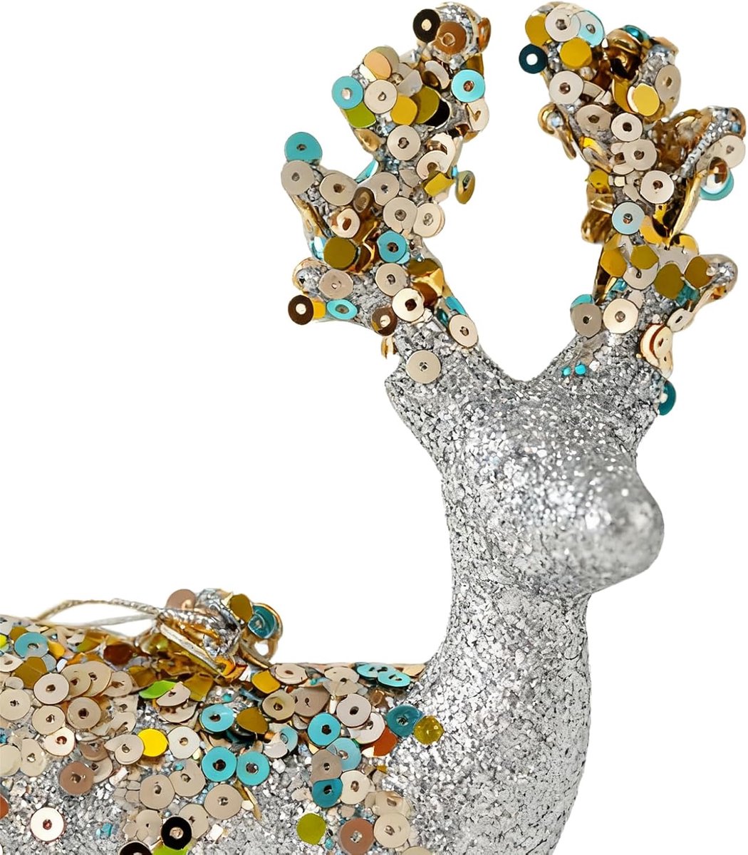 Kerstbeeldje Rendier - Vakantie decoratie - Huis versieren - Gevlokt met glitter - 15 x 7 cm - Zilver – foto 6