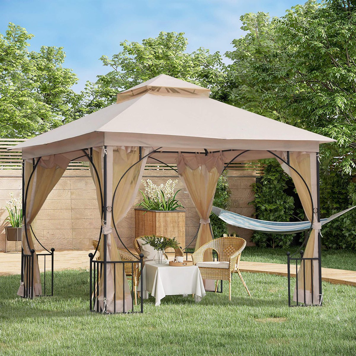 Pugsdrly Tuinpaviljoen, inclusief bevestigingsmateriaal, weerbestendig, 295 cm x 295 cm x 275 cm. Beige + zwart