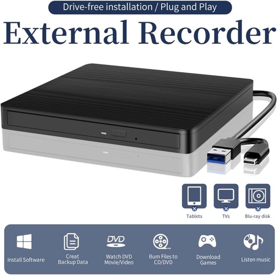 Externe DVD Brander - CD VCD Lezer - Bestanden Archiveren - USB 3.0 Type C - Slank Ontwerp - Zwart — afbeelding 4