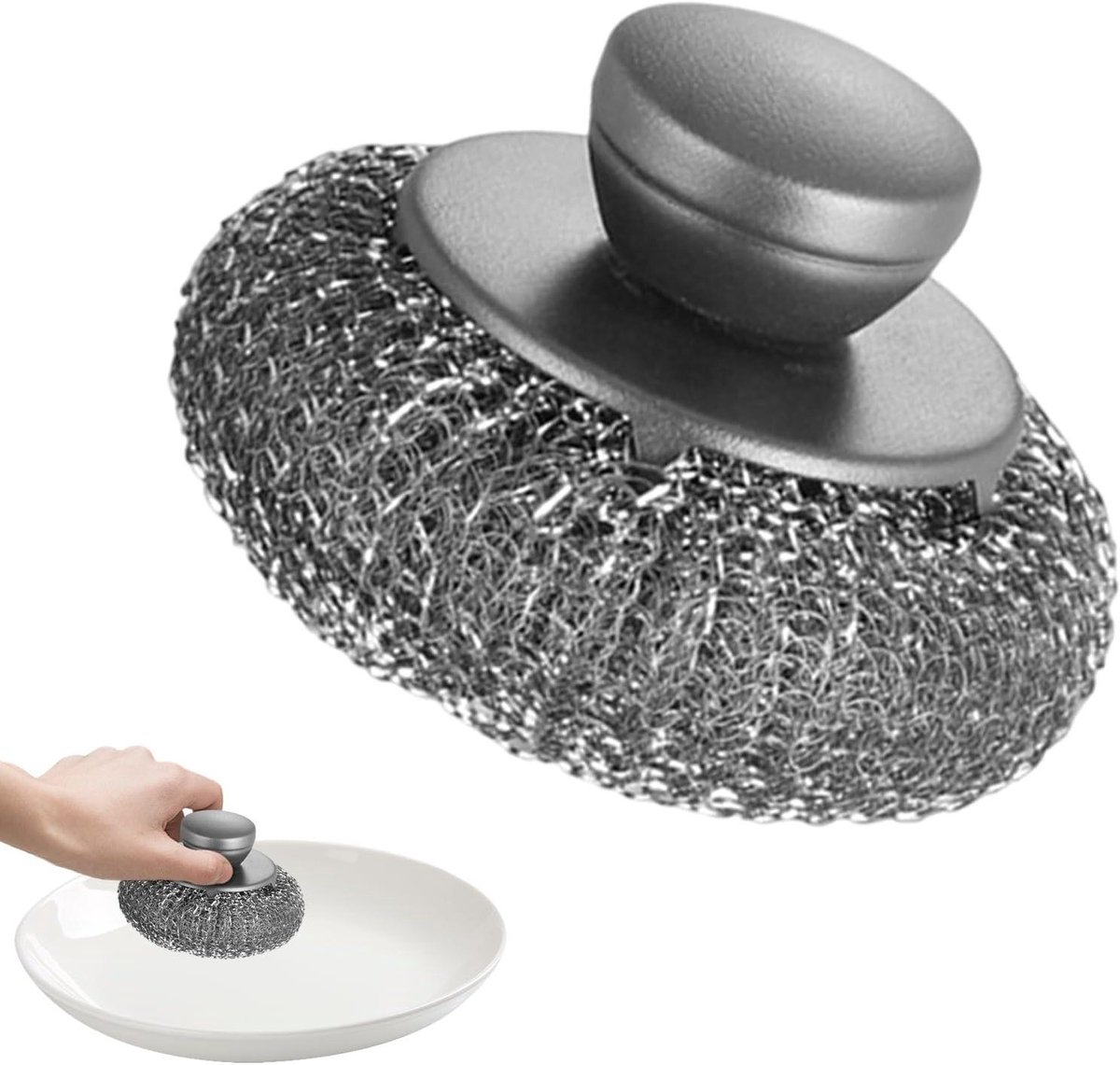 Stalen Schuurmiddel - Metaal Reiniger - Keuken Schoonmaken - Ergonomisch Handvat - 9x6.5 cm - Grijs