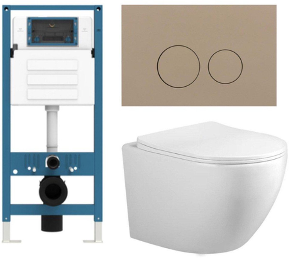 Adema Salina 2.0 Toiletset - 48.5x36x32cm - diepspoel - spoelrandloos - QeramiQ inbouwreservoir - softclose - quickrelease - toiletzitting - taupe kunststof bedieningsplaat - ronde knoppen - wit