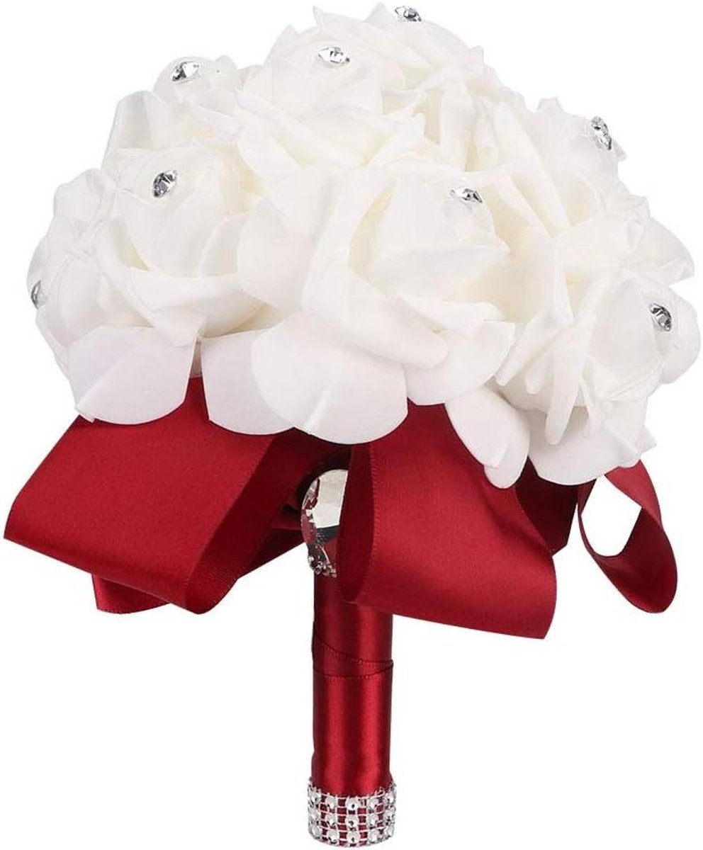 Bruidsboeket Kunstbloemen - Decoratief Boeket - Bruiloft Decoratie - Met Strass Versierd - 19x19cm - Wijnrood