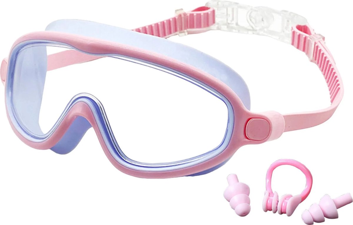 Kinderzwembril, anti-condens, UV-bescherming, waterdicht, speciaal voor in het zwembad, met neusclip en oordopjes, geschikt voor jongens, meisjes, tieners en peuters van 3-16 jaar - lichtblauw.