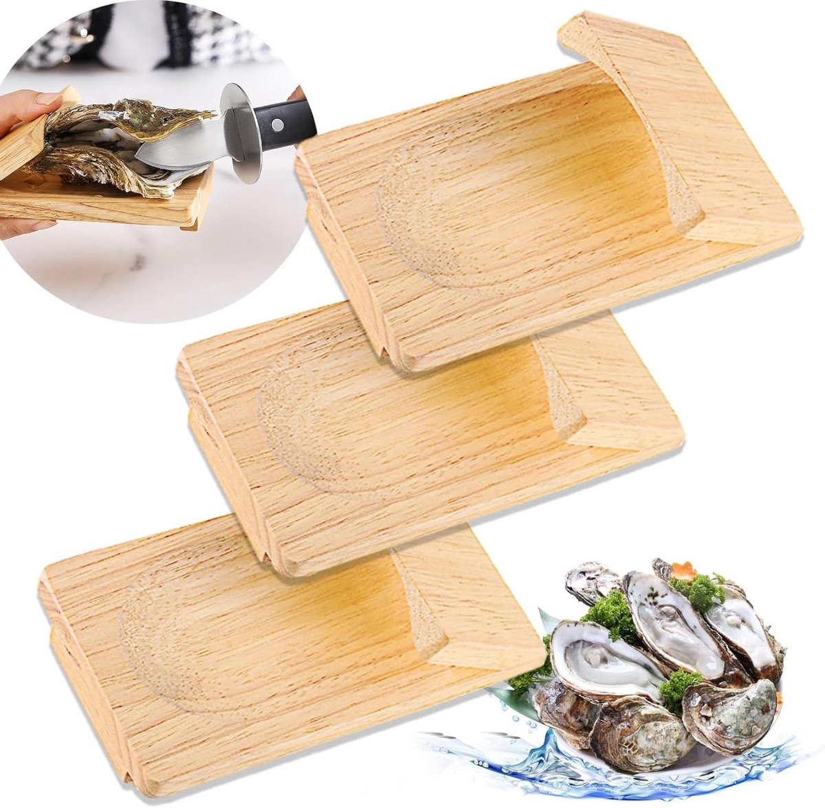 Oester Open Tool - Schelp Houder - Zeevruchten Bereiden - Stevig Eikenhout - 3 Stuks - Houtkleur