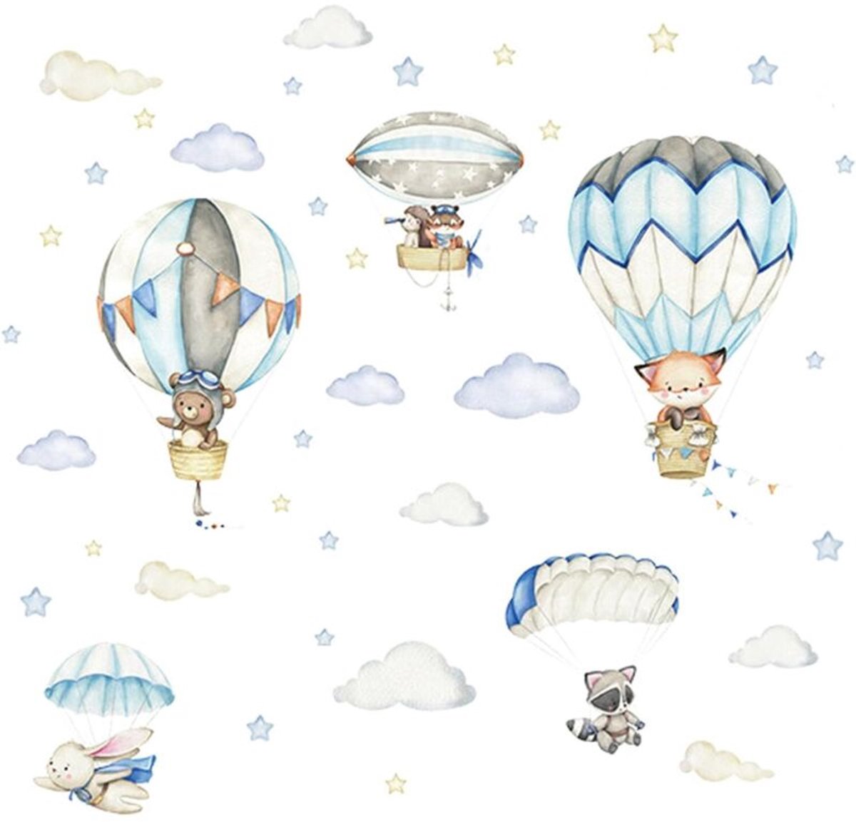 Een set muurstickers geschikt voor dieren in heteluchtballonnen, muurstickers geschikt voor heteluchtballonnengeschikt voor kinderkamers en babykamers.