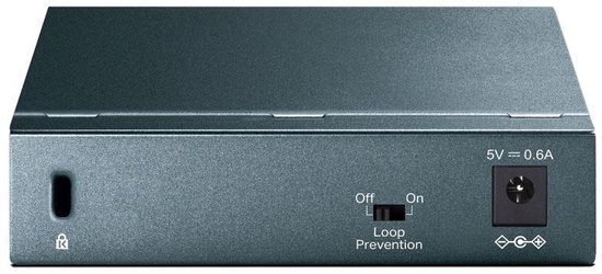 Achterkant van een grijze netwerkswitch met 5V 0.6A stroomaansluiting en loop prevention schakelaar.