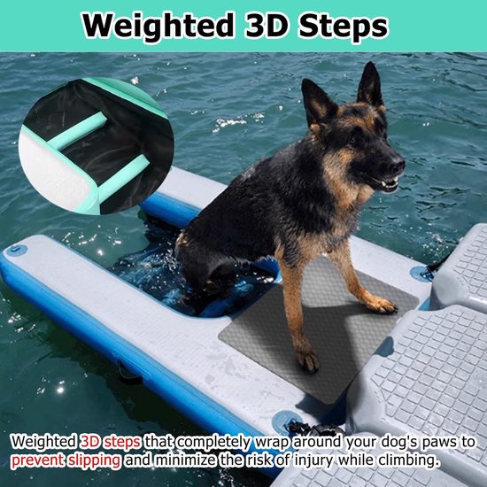 Duitse herder op drijvend platform met gewogen 3D-stappen om uitglijden te voorkomen.