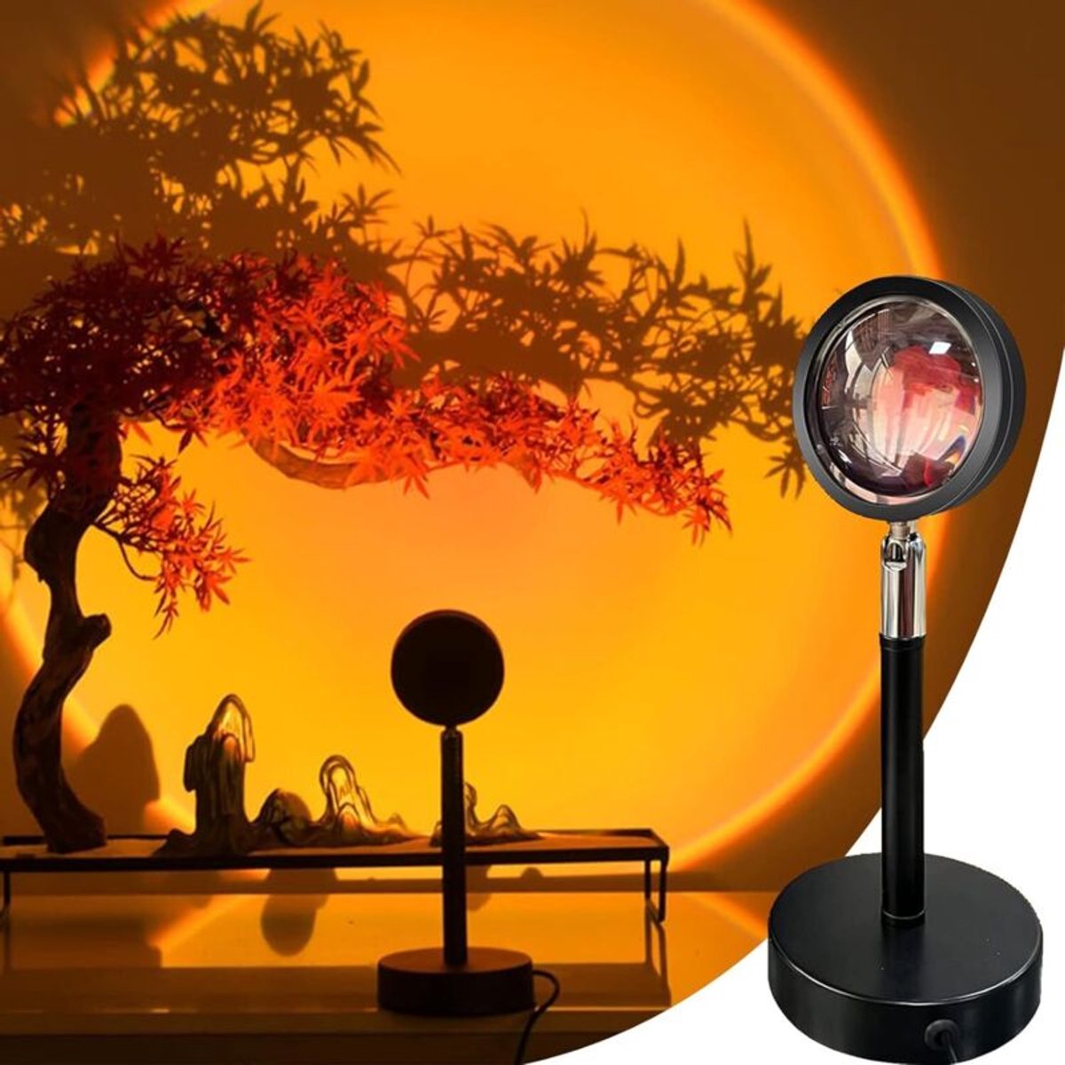 Zonsondergangprojector geschikt voor 16 kleuren en RGB-gradiënteffecten, inclusief afstandsbediening en een 180° draaibare zonnelampgeschikt voor een romantische sfeer.