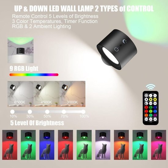 Nachtlampje - Nachtlampje kinderen - Tafellamp slaapkamer - LED-wandlamp - Voor binnen met afstandsbediening - Touchbediening - 360° draaibaar - Oplaadbaar via USB - RGB 7-kleuren dimbaar - Voor woonkamer/gang (1 stuk, zwart) van Merkloos — afbeelding 5