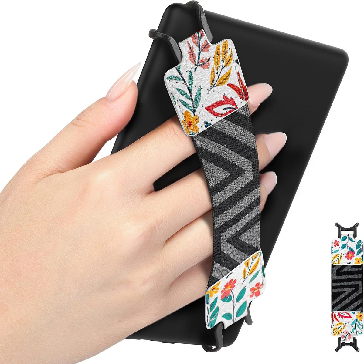Veilige Handriem voor 6-8 Inch E-Readers en Tablets - Universele Grip voor Kindle, Kobo en Lenovo, Lichtgewicht en Verstelbaar Design met Bloemenprint
