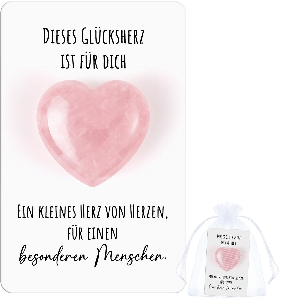 Dailygoods- Cadeauset Gelukshart - Roze Kristallen Knuffelhart - Motiverende Kaart - Bemoedigend Cadeau - Voor Vrienden/Familie - Compact Organza Zakje