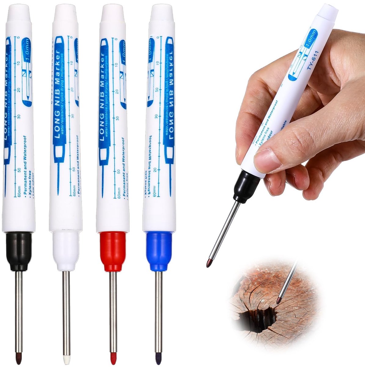 Dailygoods- Markeerstiften met diep bereik - Permanente Markerpen - Diepte-markers - Waterdichte Timmermansinktpen - Set van 4 Kleuren - 30 mm Penpunt