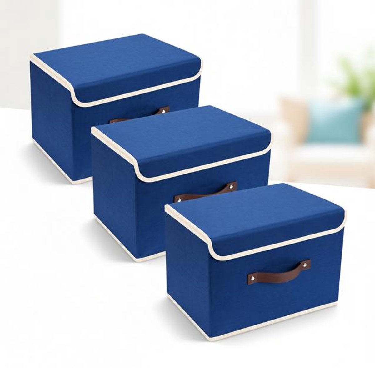 ElleMooi Opvouwbare Opbergdoos met Deksel - Set van 3 - 38x25x25 cm - Klassiek Blauw