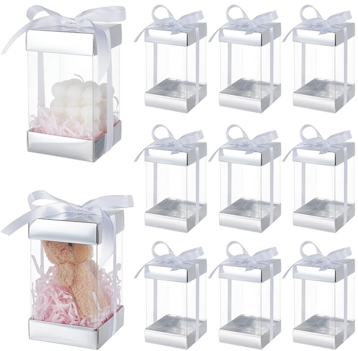 Dailygoods- Geschenkdoos 10 stuks - Doorzichtige Plastic Dozen - Zilveren Deksel - Rechthoekige Verpakking - Polyester Lint - 8,3 x 8,3 x 14,5 cm - Cadeauverpakking