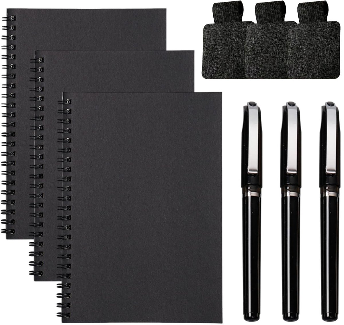 Dailygoods- Notebook A5 - 3-Delige Set - Penclips - Neutrale Pennen - Kantoorbenodigdheden - Zwart Papier - Notitieboek