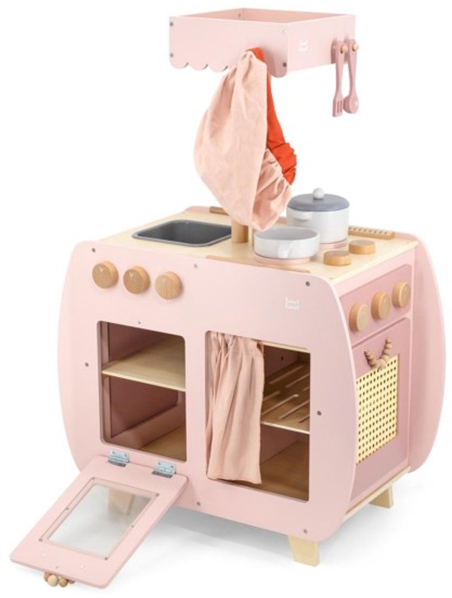 Label Label - Houten Bistro Keuken - Roze - Inclusief Keukengerei, Koksmuts, Pannetjes & Krijtbord - Stimuleert Creatief Koken - Geschikt voor Kinderen vanaf 3 Jaar