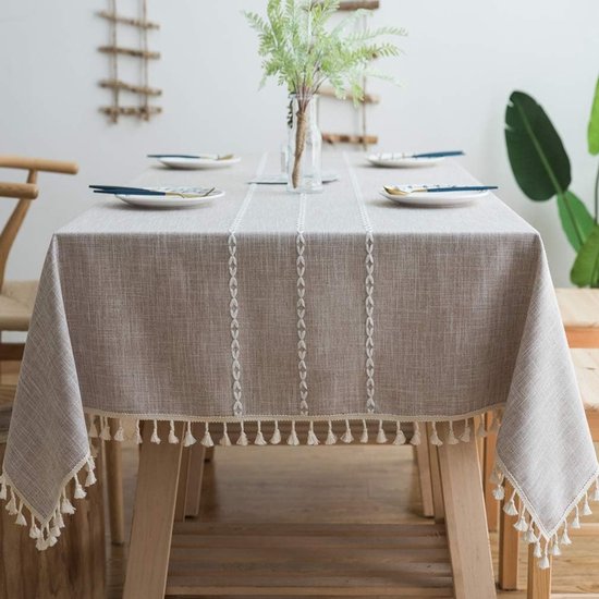 Tafelkleed met kwastjes, katoen en linnen, elegant tafelkleed, wasbare keukentafelhoes voor eettafel