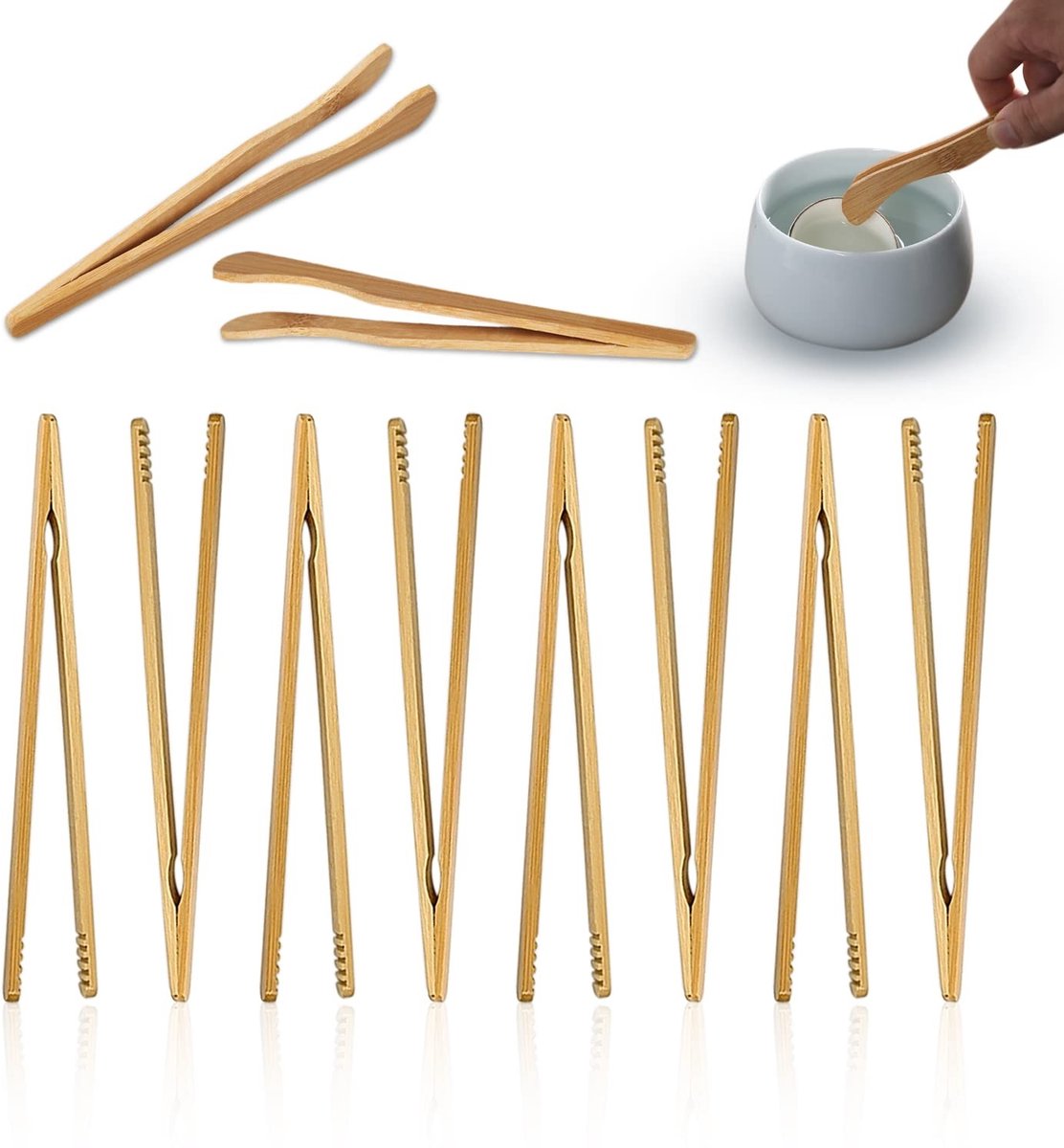 Dailygoods - Bamboetangen - Keukentangen Set - 8 Rechte en 2 Gebogen Tangen - Natuurlijk Bamboe - Vaatwasserbestendig - Ideaal voor Salade en Sushi
