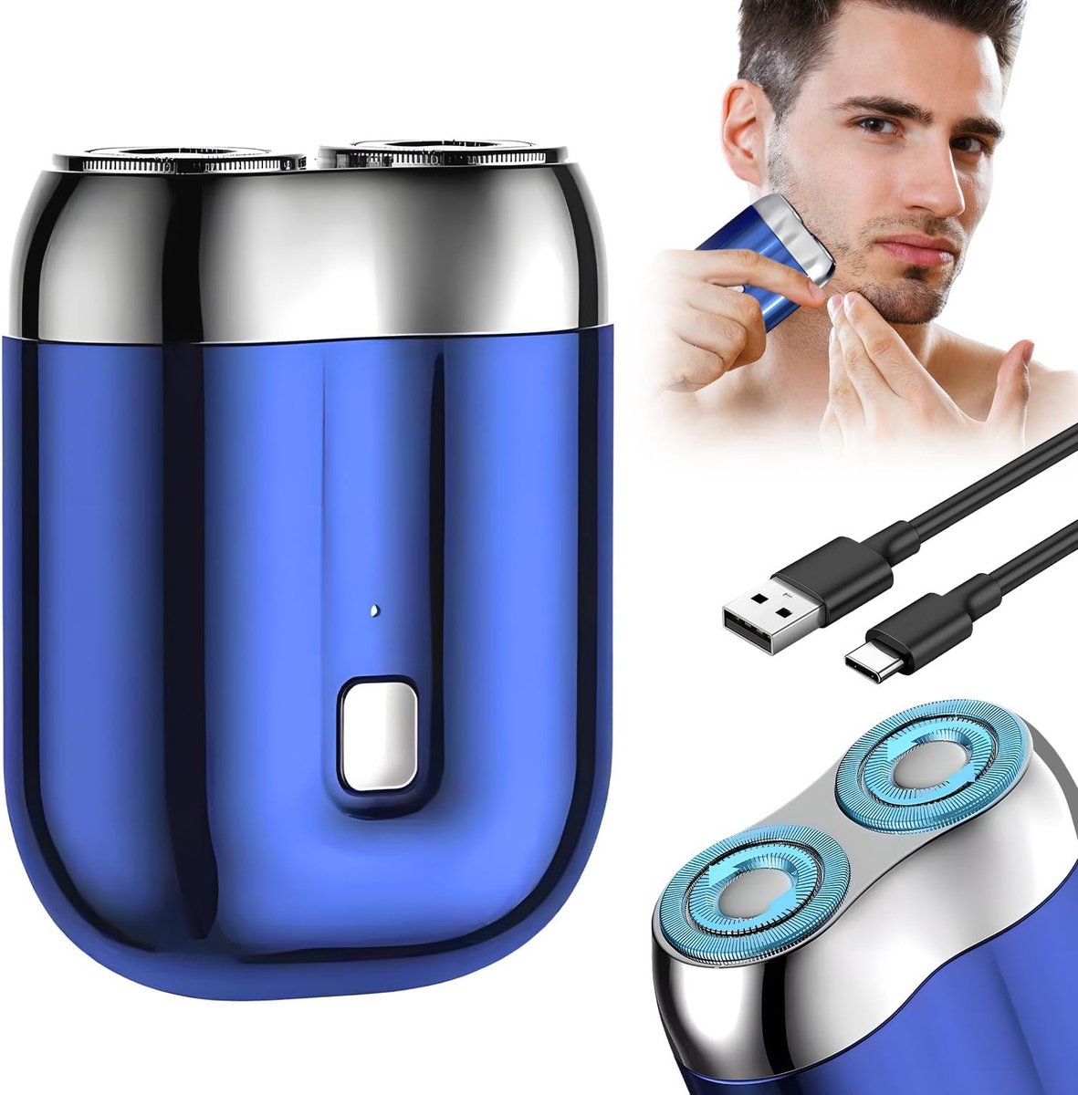 Mini scheerapparaat - Elektrisch scheermes - Draagbaar scheren - Dubbele kop - Compact formaat - Blauw