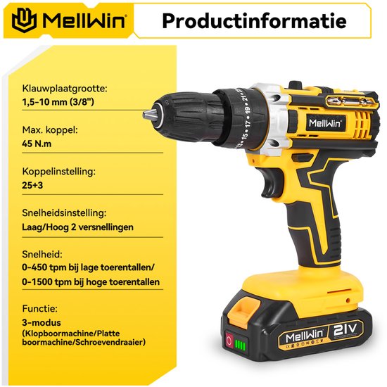 Gedetailleerde productinformatie van de MellWin accuboormachine: 10mm klauwplaat, 45 Nm koppel, 25+3 koppelinstellingen, 2 snelheden.